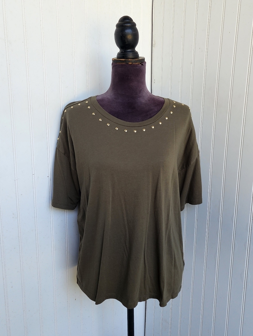Michael Kors Top Women's Round Neck Army Green Stretch Pullover Shirt Modal L